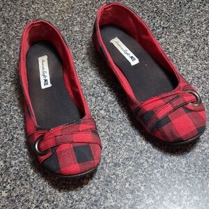American Eagle Outfitters Red and Black Plaid Buckle Ballet Flats